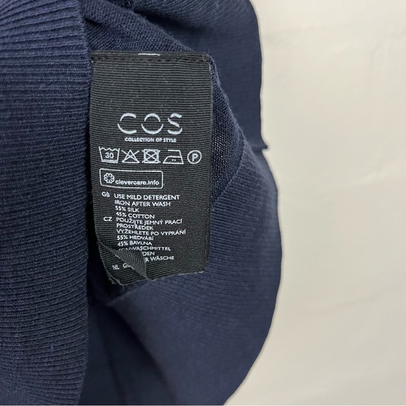 Cos Sweater sz Small Navy Blue 3/4 sleeve pullover contrast hem Cotton Silk Mix - Picture 8 of 10